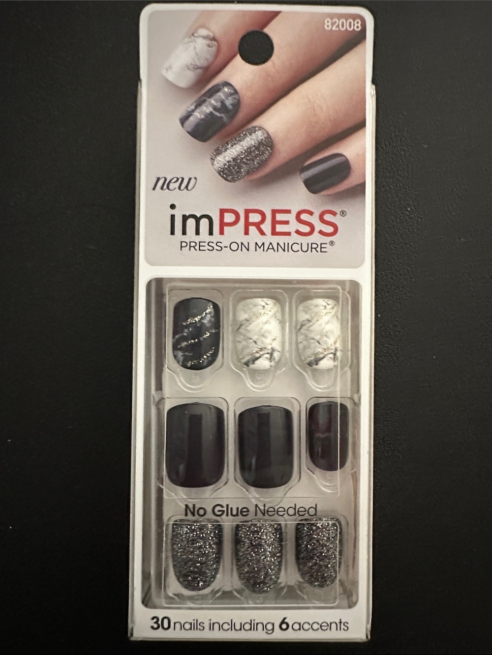 imPRESS Press-On Manicure Set — Black, White & Silver Glitter Accents
